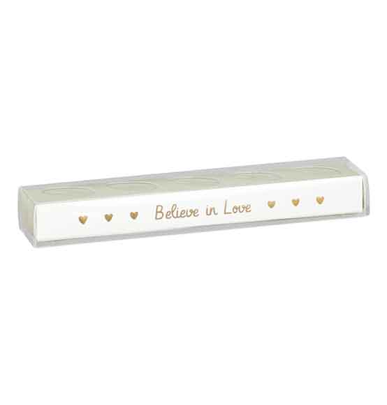 50pz. Scatolina astuccio in pvc con inserto bianco con scritta e oro "Believe in love" mm. 195x35x25